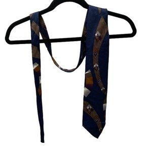 Lazarus blue tie with swooping brown and orange elements, 100% imported silk